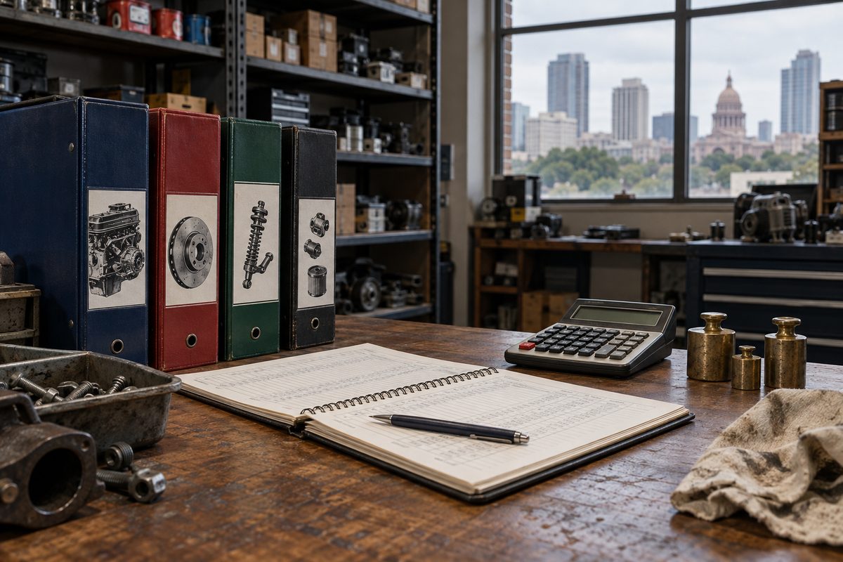 Commercial quotation calculation desk and published parts pricing ledgers at Bavrento Austin