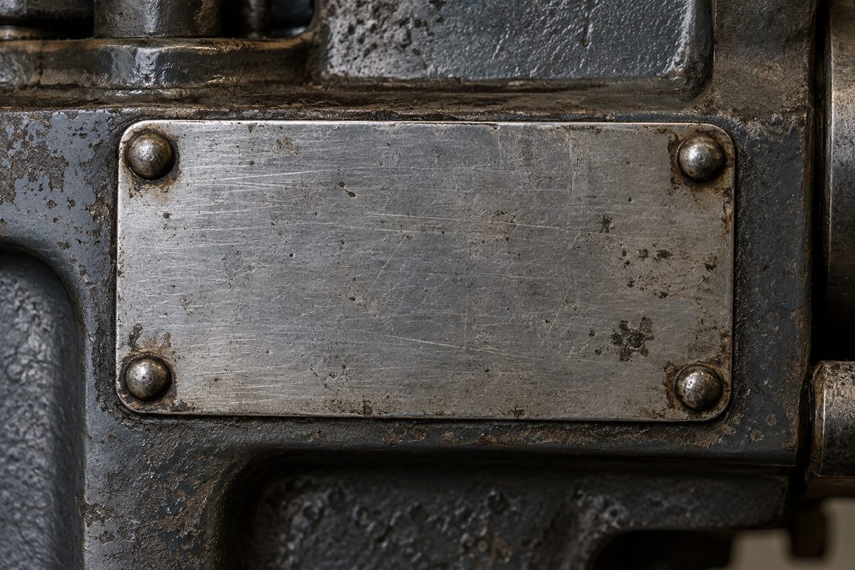 Close-up of stamped metal machinery serial plate showing model and identification codes